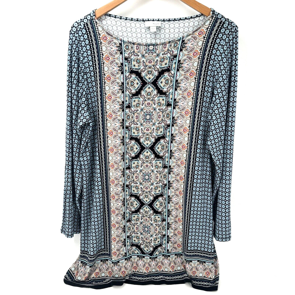 J Jill Tunic Womens Large Boho Pullover Blue Floral Paisley Long Sleeves Shirt